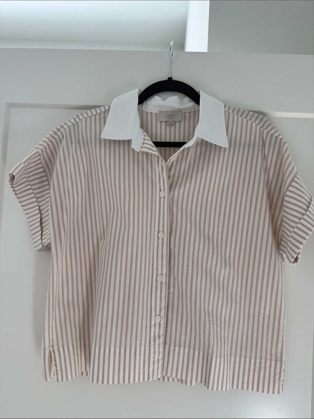 LOFT Beige & White Striped Short-Sleeve Button-Down with White Collar